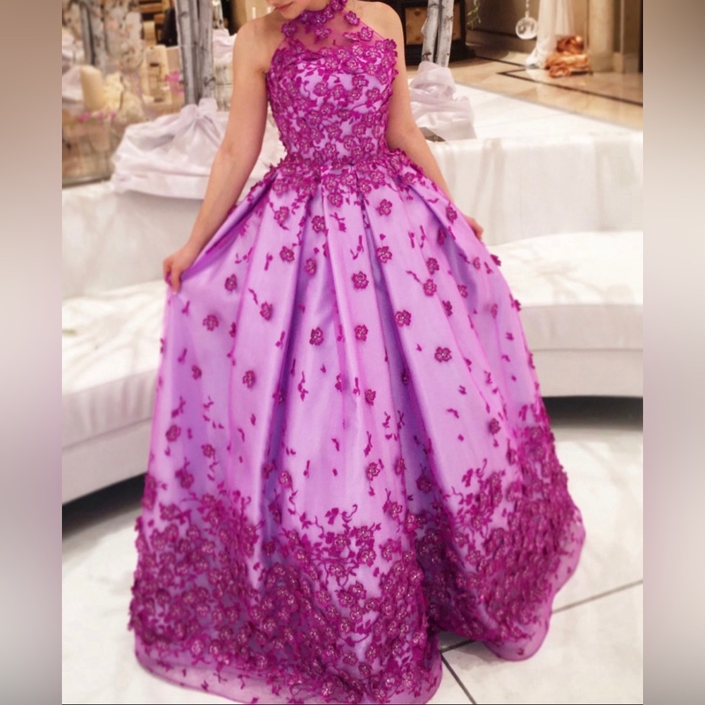 Custom Galit Couture Elegant Fuchsia Pink Purple Floral Halter Neck Corset Gown